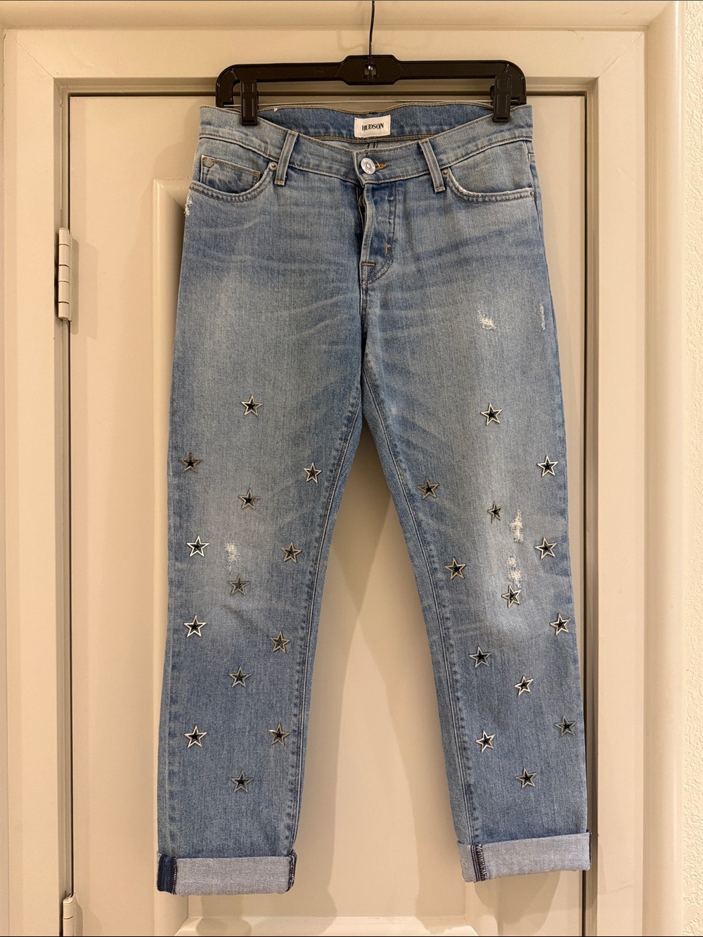Hudson Jeans Light Blue Star-Embroidered Boyfriend Jeans, Size 24